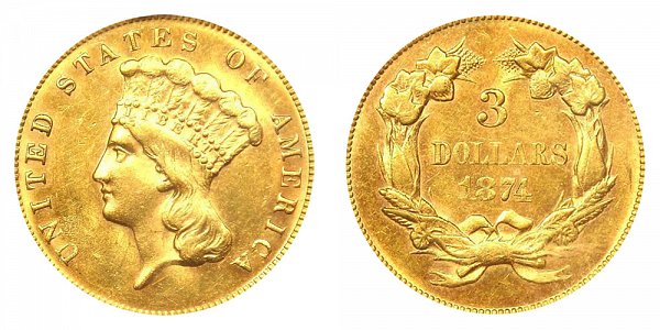 1874 Indian Princess Head $3 Gold Dollars - Three Dollars 