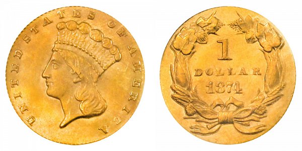 1874 Large Indian Princess Head Gold Dollar G$1 