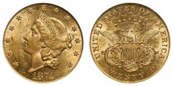 1874 Liberty Head $20 Gold Double Eagle - Twenty Dollars 