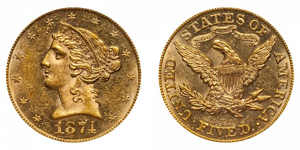 1874 Liberty Head $5 Gold Half Eagle - Five Dollars 