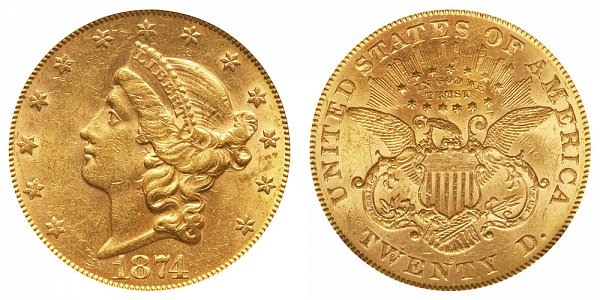 1874 S Liberty Head $20 Gold Double Eagle - Twenty Dollars 