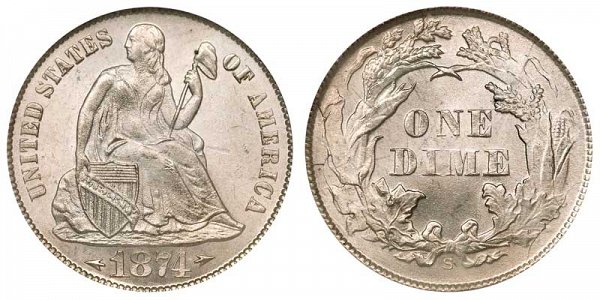 1874 S Seated Liberty Dime - With Arrows At Date 