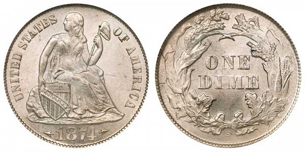 1874 S Seated Liberty Dime - With Arrows At Date