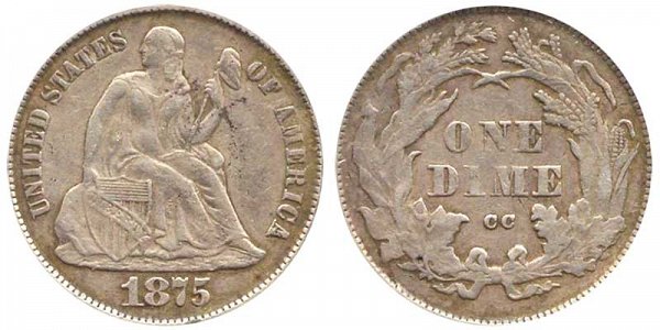 1875 CC Seated Liberty Dime - Mint Mark Above Bow 