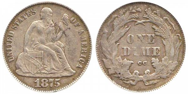 1875 CC Seated Liberty Dime - Mint Mark Above Bow