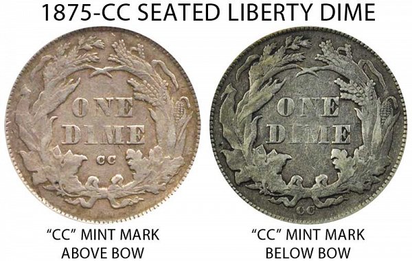 1875 CC Seated Liberty Dime - Mint Mark Above Bow vs Below Bow 