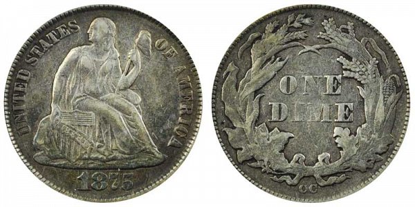 1875 CC Seated Liberty Dime - Mint Mark Below Bow 