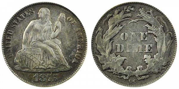 1875 CC Seated Liberty Dime - Mint Mark Below Bow