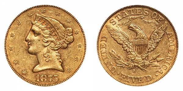 1875 S Liberty Head $5 Gold Half Eagle - Five Dollars 