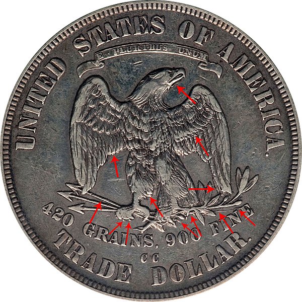 1876 CC Trade Silver Dollar - Doubled Die Reverse DDR