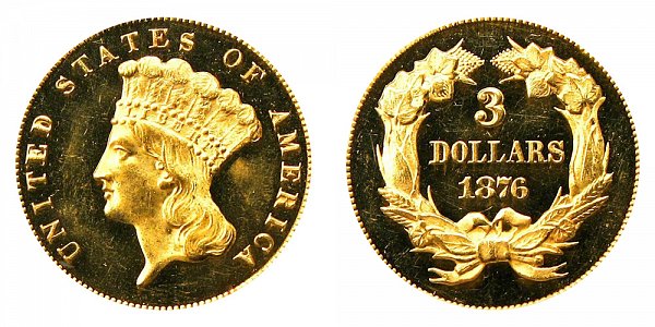 1876 Indian Princess Head $3 Gold Dollars - Three Dollars - Proof Only 