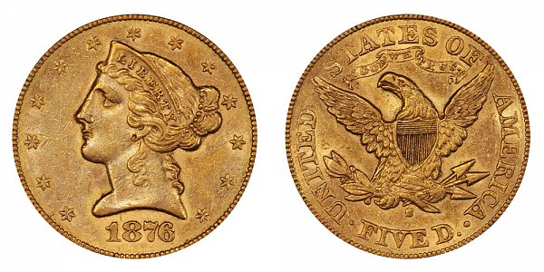 1876 S Liberty Head $5 Gold Half Eagle - Five Dollars 