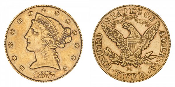 1877 CC Liberty Head $5 Gold Half Eagle - Five Dollars 