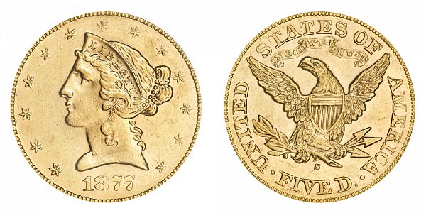 1877 S Liberty Head $5 Gold Half Eagle - Five Dollars 