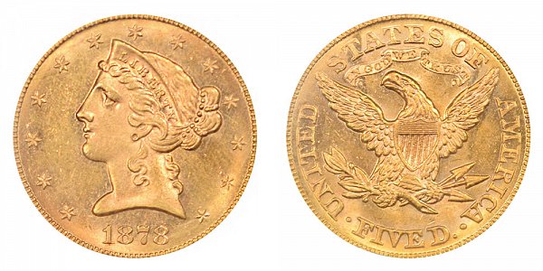 1878 Liberty Head $5 Gold Half Eagle - Five Dollars 