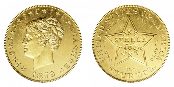 1879 Stella $4 Gold Dollars - Coiled Hair - Four Dollar Coin 