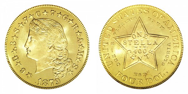 1879 Stella $4 Gold Dollars - Flowing Hair - Four Dollar Coin 