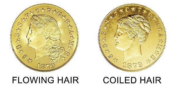 1879 Flowing Hair vs Coiled Hair Stella $4 Gold Coin - Difference and Comparison