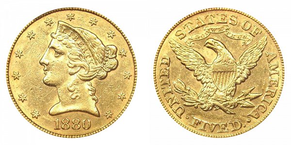 1880 Liberty Head $5 Gold Half Eagle - Five Dollars 