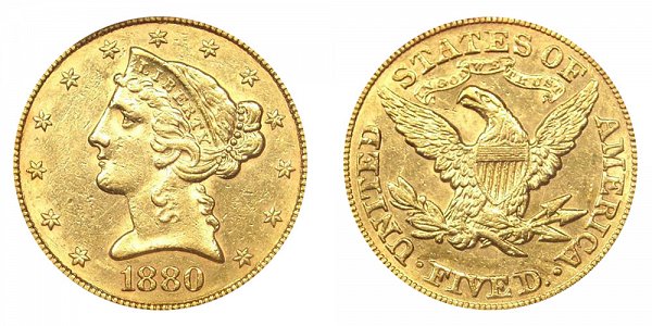 1880 Liberty Head $5 Gold Half Eagle - Five Dollars