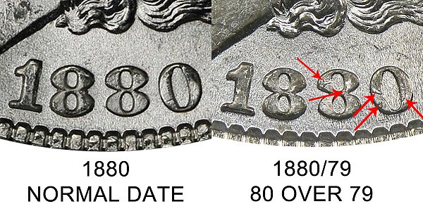 1880 Normal Date vs 1880/79 80 Over 79 Morgan Silver Dollar - Difference and Comparison
