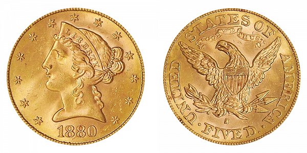1880 S Liberty Head $5 Gold Half Eagle - Five Dollars