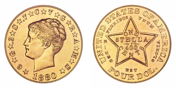 1880 Stella $4 Gold Dollars - Coiled Hair - Four Dollar Coin 