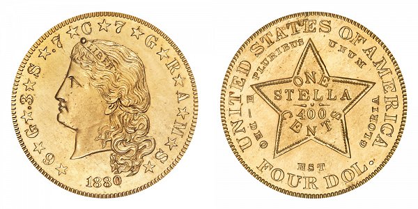 1880 Stella $4 Gold Dollars - Flowing Hair - Four Dollar Coin 