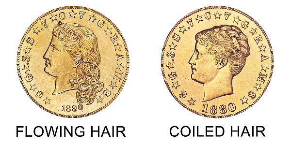 1880 Flowing Hair vs Coiled Hair Stella $4 Gold Coin - Difference and Comparison