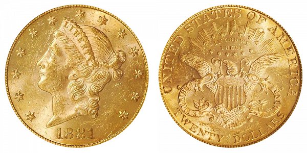 1881 Liberty Head $20 Gold Double Eagle - Twenty Dollars 