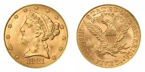 1881 Liberty Head $5 Gold Half Eagle - Five Dollars