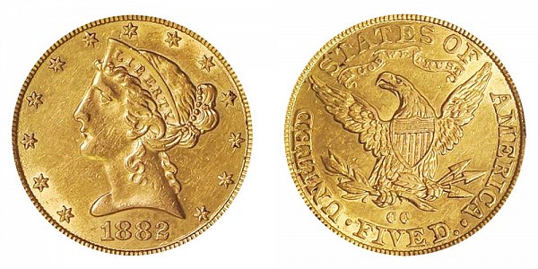 1882 CC Liberty Head $5 Gold Half Eagle - Five Dollars 