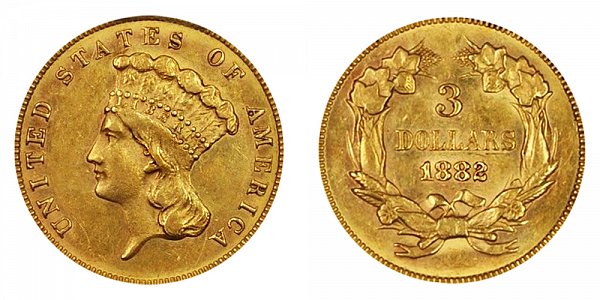 1882 Indian Princess Head $3 Gold Dollars - Three Dollars 