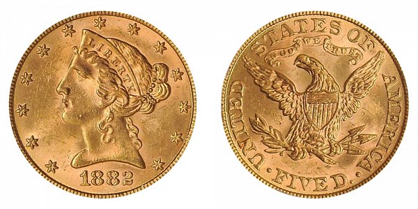 1882 Liberty Head $5 Gold Half Eagle - Five Dollars 