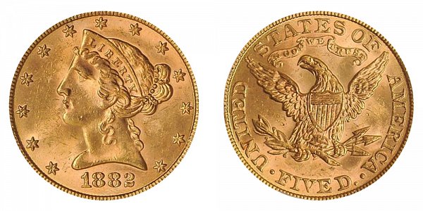 1882 Liberty Head $5 Gold Half Eagle - Five Dollars