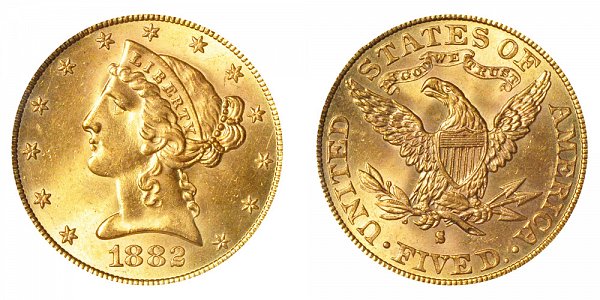 1882 S Liberty Head $5 Gold Half Eagle - Five Dollars 