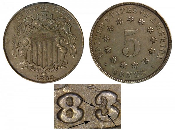 1883 3 Over 2 3/2 Overdate Shield Nickel