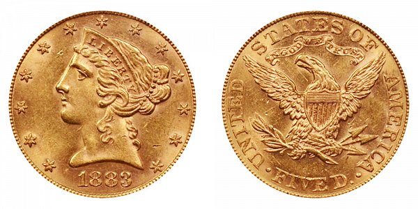 1883 Liberty Head $5 Gold Half Eagle - Five Dollars