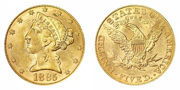 1885 Liberty Head $5 Gold Half Eagle - Five Dollars 