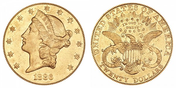 1886 Liberty Head $20 Gold Double Eagle - Twenty Dollars 