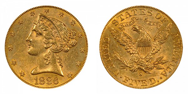 1886 S Liberty Head $5 Gold Half Eagle - Five Dollars 