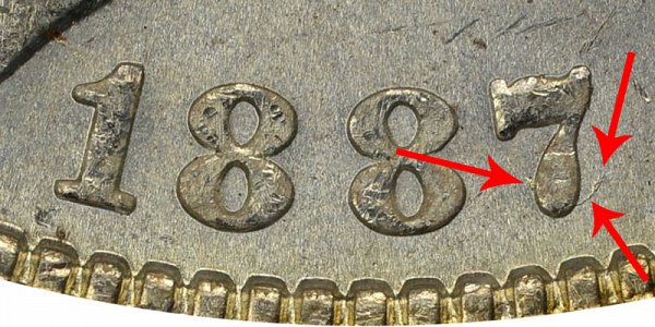 1887/6 Morgan Silver Dollar - 7 Over 6 Overdate Closeup Image Example