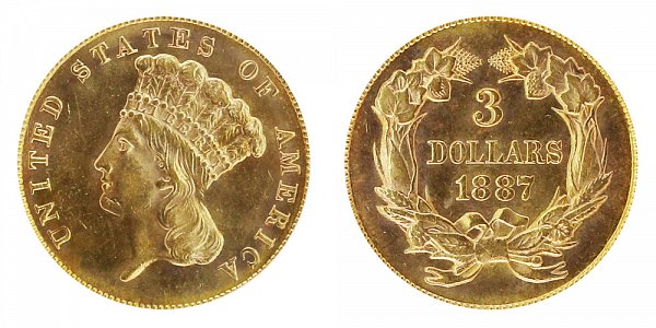 1887 Indian Princess Head $3 Gold Dollars - Three Dollars 