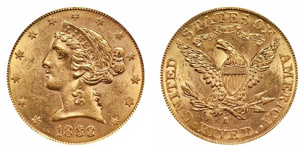 1888 S Liberty Head $5 Gold Half Eagle - Five Dollars 