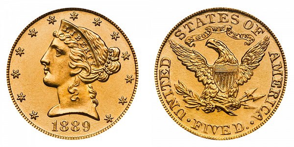 1889 Liberty Head $5 Gold Half Eagle - Five Dollars 