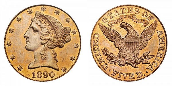 1890 Liberty Head $5 Gold Half Eagle - Five Dollars 