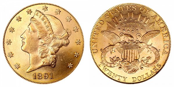 1891 Liberty Head $20 Gold Double Eagle - Twenty Dollars 