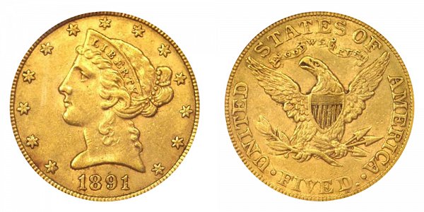 1891 Liberty Head $5 Gold Half Eagle - Five Dollars 