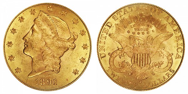 1891 S Liberty Head $20 Gold Double Eagle - Twenty Dollars 