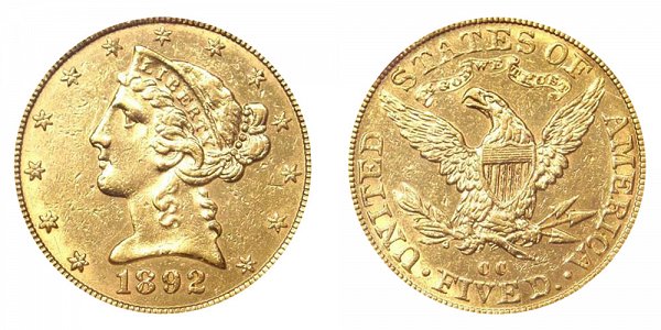 1892 CC Liberty Head $5 Gold Half Eagle - Five Dollars 